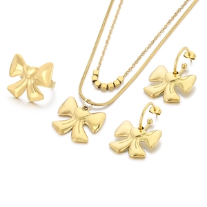 Elegant 18K gold plated bow jewelry set with layered snake chain necklace and earrings