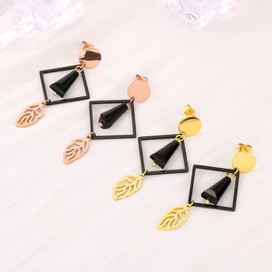 Square titanium steel leaf drop earrings in gold and rose gold with geometric pendants