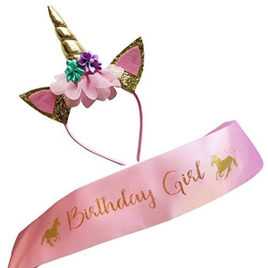 Pink sparkly unicorn headband with glitter ears and Birthday Girl party sash set