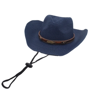 Dark blue woven raffia cowboy hat with golden feather detail and adjustable chin strap