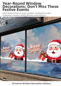 Detailed Christmas Santa Claus window decal with red gift boxes and white snowflakes