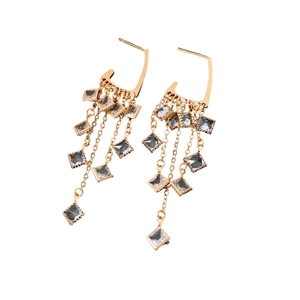 18K gold plated vintage tassel earrings with gray square crystals on white backdrop