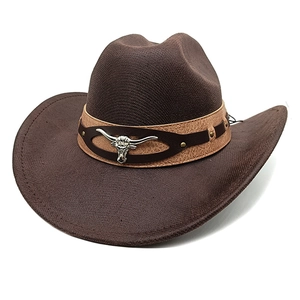 Dark brown western cowboy hat with bull head metal ornament and retro rivets on band