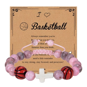 Pink Zebra Stone Beaded Bracelet With Sports Ball And Cross Charm Adjustable Woven Rope Inspirational Gift