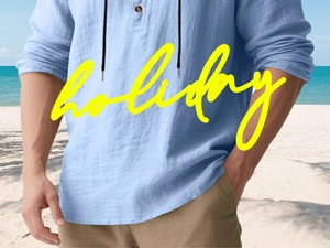 Close-up of men's light blue linen shirt featuring a buttoned Henley neck and drawstrings