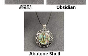 Detail of a vintage hexagram pendant with abalone shell and silver woven textures