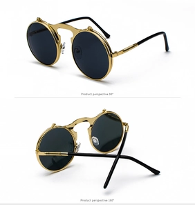 Steampunk round flip-up sunglasses detail showing side and rear viewing angles