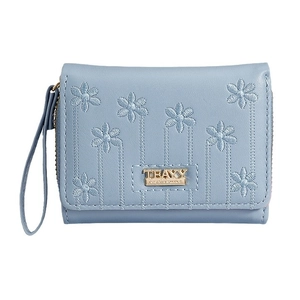 Short light blue PU leather wallet for women with embroidered daisy floral patterns