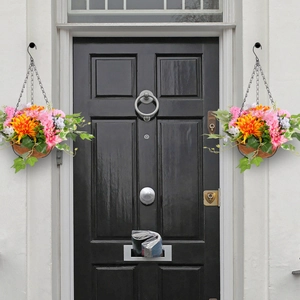 Outdoor artificial hanging flower baskets with pink and orange daisies for porch decor