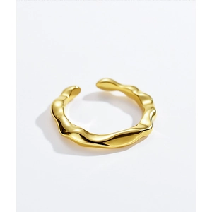 Irregular textured S925 sterling silver open ring with gold finish and wavy design