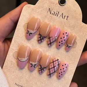 Aufpressnägel Französisch Mandel Rosa Nude Mit Schleife Spitze Argyle Strass Süße Maniküre Für Frauen