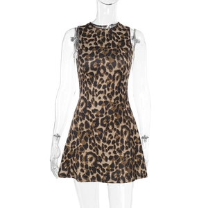 Close-up of leopard print slim fit sleeveless mini dress with detailed fabric texture