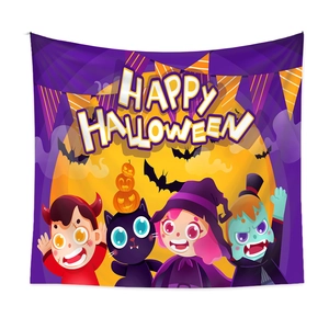 Detail view of Happy Halloween tapestry with cartoon kids, pumpkins and bright purple moon