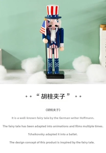 Detail view of 25cm wooden nutcracker soldier holding a flag with American star patterns