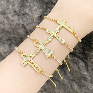 Luxury Copper Rhinestone Cross Bracelet For Women Adjustable Gold Plated Tennis Chain Ankh Symbol Religious Fashion Jewelry Gift