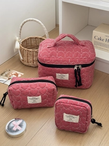 Borsa Per Cosmetici In Cotone Trapuntato Motivo A Cuore Gingham Organizzatore Di Trucco Viaggio Pochette Portatile Per Donne Stile Coreano