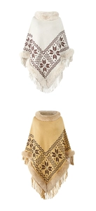Detail of winter knit poncho with faux fur collar, snowflake patterns and fringed hem