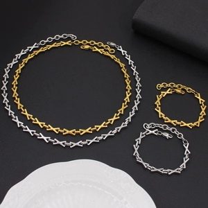 Titanium steel X-shaped link chain jewelry set including gold and silver necklace and bracelet