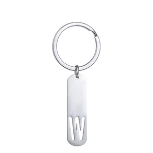 Minimalist stainless steel keychain featuring a long rectangular pendant with hollow W letter