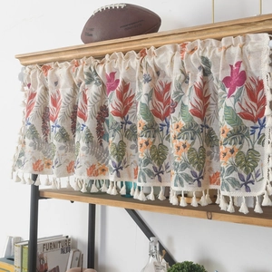 Linen blend short curtain featuring colorful floral prints and beige tassel fringe detailing