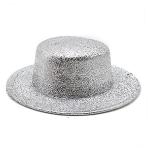 Detailed view of silver sequin boater hat with metallic finish for festive party and stage wear