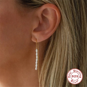 Elegant S925 sterling silver long tassel threader earrings with white freshwater pearls