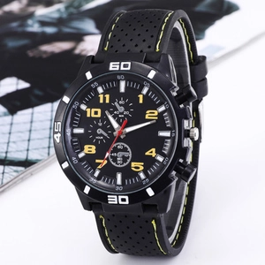 Men's sport quartz watch with black dial, yellow numerals, and contrast stitching strap