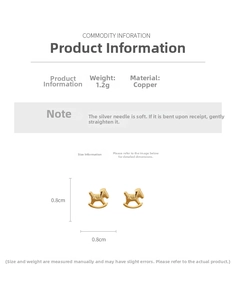 Détails des boucles d'oreilles cheval à bascule dorées avec dimensions et poids de 1,2g