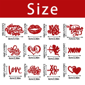 Detailed size guide for red glitter Valentine's Day toppers with dimensions in cm and inches