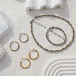 Luxury Stainless Steel Twisted Rope Jewelry Two Tone Gold Silver Hoop Earrings Chain Necklace Bracelet For Women Jewelry