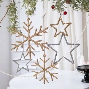 Christmas Tree Hanging Ornaments Glitter Sequin Snowflake Star Candy Cane Shapes Festive Decor Champagne Gold Plastic