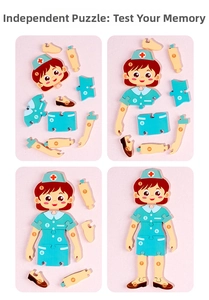 Four-step assembly guide for a 10-piece numbered wooden nurse profession puzzle toy