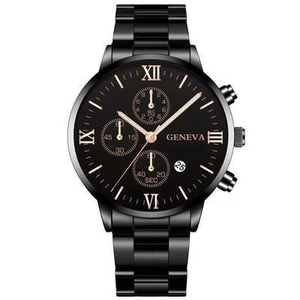 Montre quartz homme en acier noir avec chiffres romains et affichage de date
