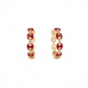 18k gold plated round pig nose hoop earrings with red enamel and zircon accents