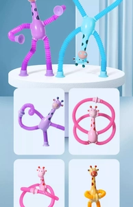 Detail showing colorful telescopic suction cup tubes of creative giraffe robot toy