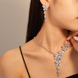 Zircon Butterfly Flower Waterdrop Necklace And Earrings With 925 Sterling Silver Earring Post Copper Luxury Style