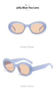 Detail view of oval retro sunglasses featuring a jelly blue frame and tea tinted lenses