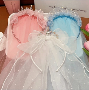 Detailed set of girls princess tiara headbands with mesh veils and rhinestones
