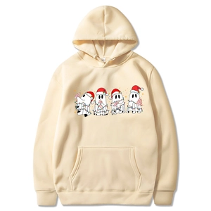 Felpa con cappuccio beige di Natale con fantasmi carini, cappelli di Babbo Natale e luci