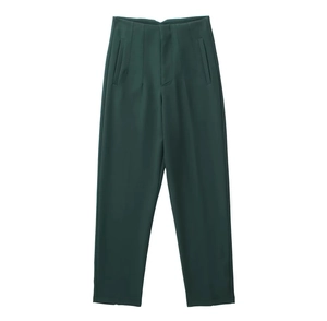 Detailed flat lay of dark green slim fit straight leg trousers with smooth fabric texture