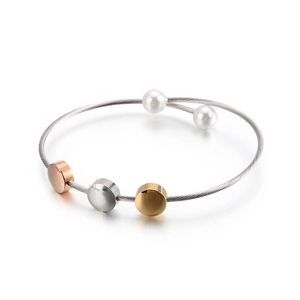 Adjustable stainless steel wire bangle with gold, silver, rose gold discs and white pearls
