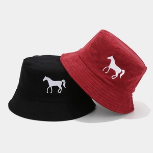 Corduroy bucket hat with horse embroidery in black and burgundy for outdoor fashion