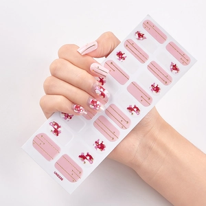 Self-adhesive pink nail stickers with gold lines and white floral patterns UNE036