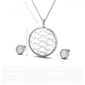 Detailed view of hollow wave pattern stainless steel necklace set with size measurements