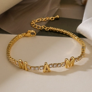 Elegant 18K gold plated MAMA bracelet with zircon stones and adjustable chain closure
