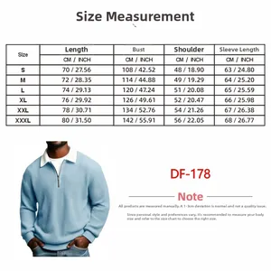 Size chart for men's quarter-zip checkered polo sweater with detailed measurements S to 3XL