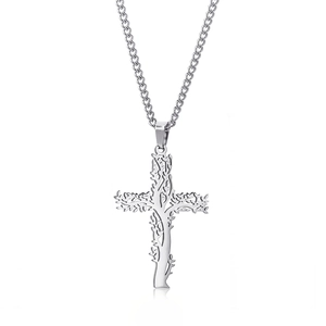 Polished stainless steel Tree of Life cross pendant necklace with sturdy link chain
