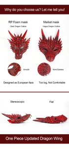 Detail view of red RP foam dragon mask showing 3D structure and premium texture comparison