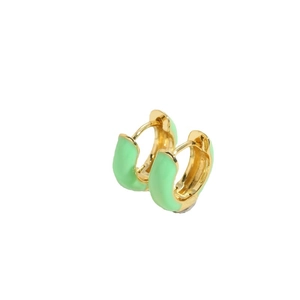 Golden mini hoop earrings with mint green enamel coating on a clean white background