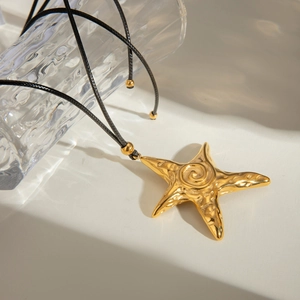 Oversized Starfish Pendant Necklace 18K Gold Plated Stainless Steel Retro Spiral Texture Ocean Beach Style For Women